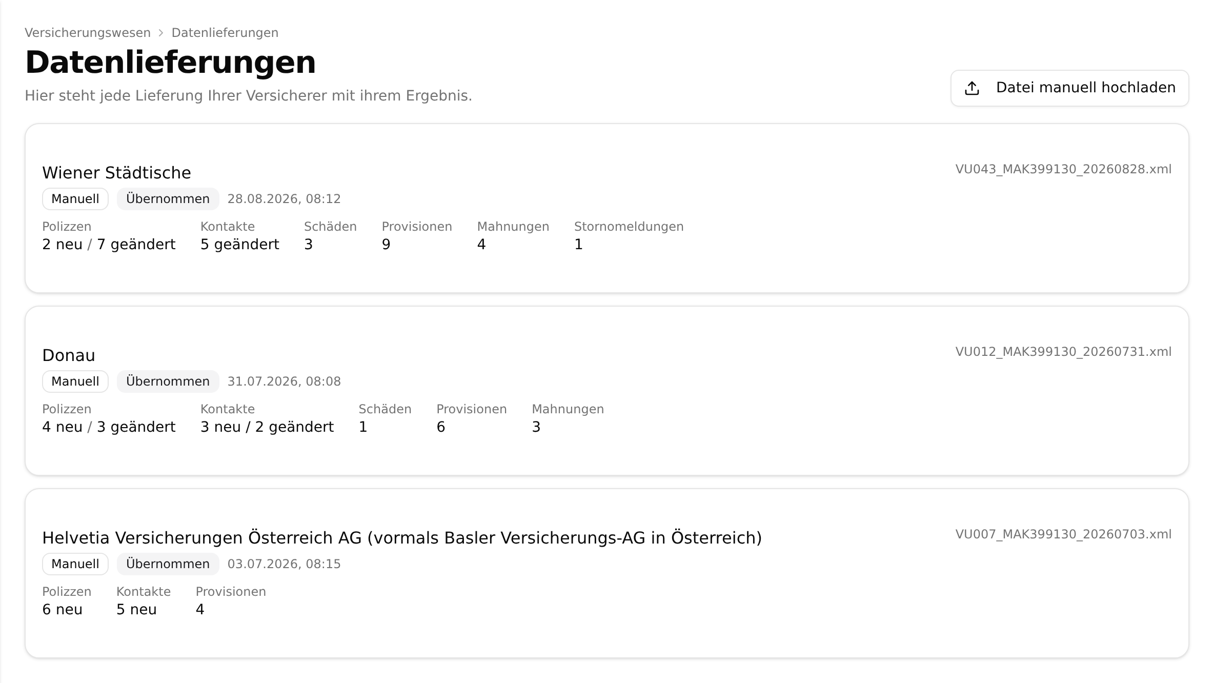 Die Seite Datenlieferungen mit der Schaltfläche „Datei manuell hochladen“ und drei Lieferungs-Karten mit Versicherer, Herkunft „Manuell“, Status „Übernommen“, Zeitpunkt, Dateiname und den Kennzahlen Polizzen, Kontakte, Schäden, Provisionen und Mahnungen