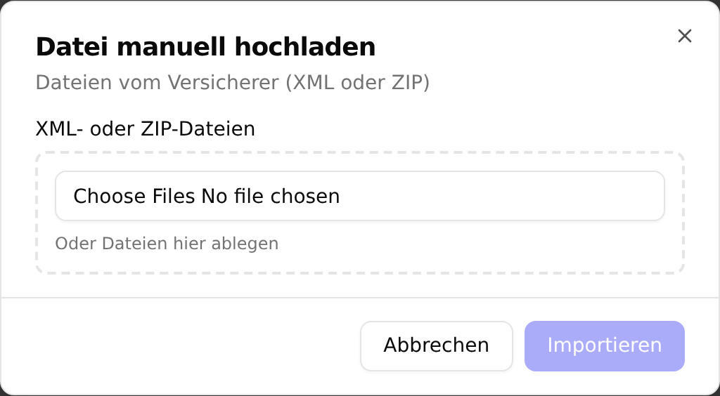 Der Dialog „Datei manuell hochladen“ mit dem Feld „XML- oder ZIP-Dateien“, dem Hinweis „Oder Dateien hier ablegen“ und den Schaltflächen „Abbrechen“ und „Importieren“