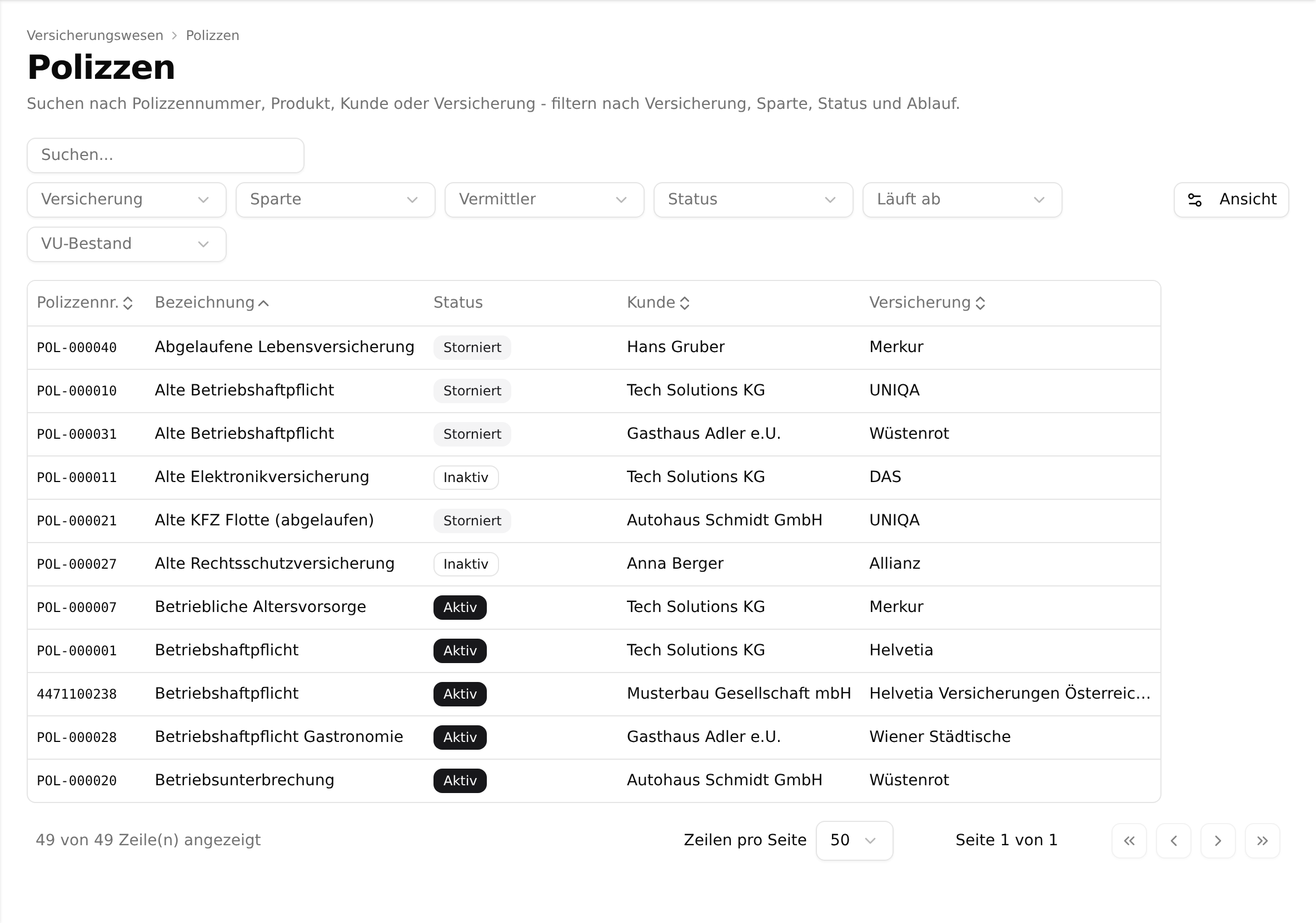 Die Polizzenliste unter der Überschrift „Polizzen“ mit Suchfeld und Filtern, darunter eine Tabelle aus Polizzennummer, Bezeichnung, Status, Kunde, Versicherung, Sparte, Vermittler und Prämie