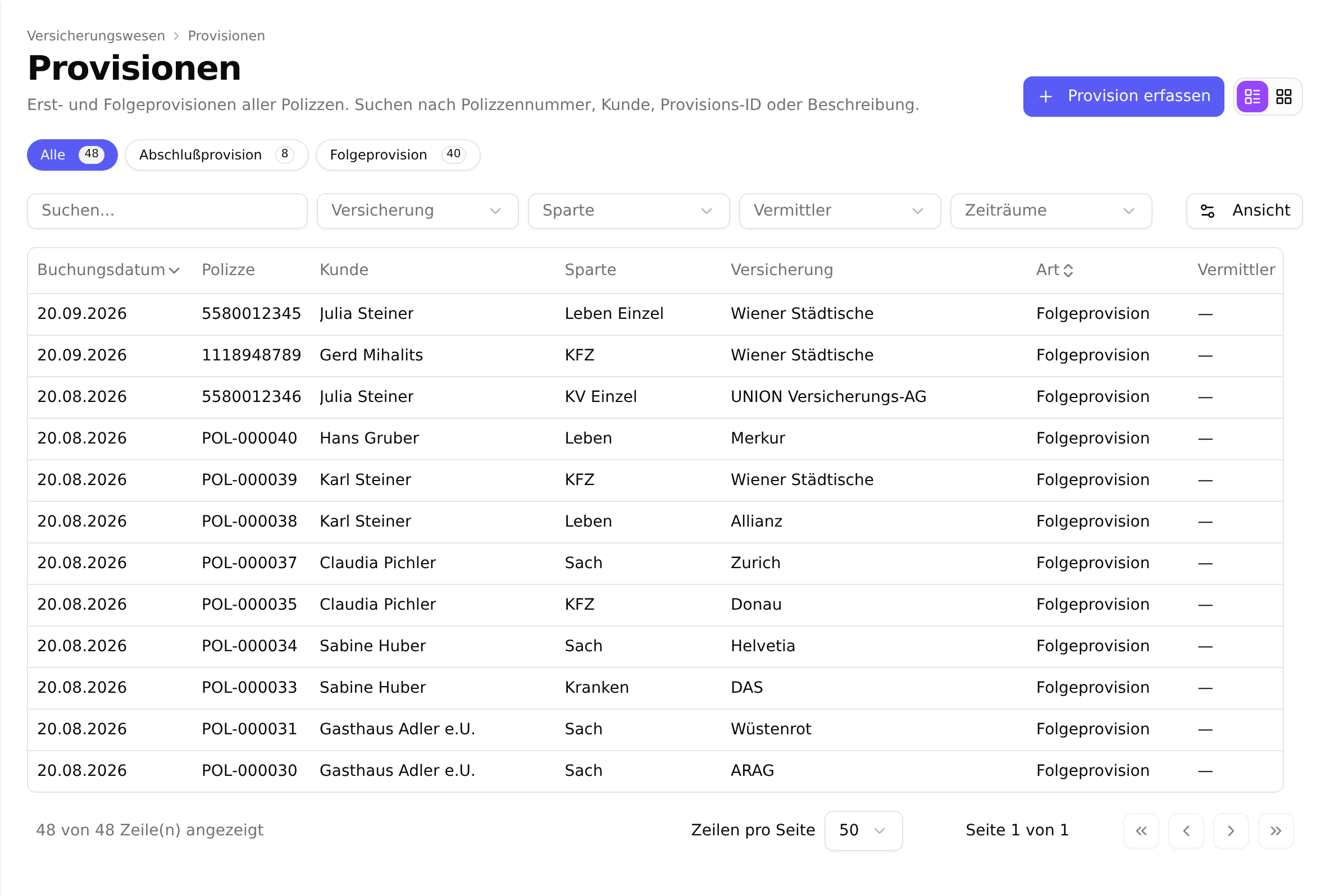 Die Provisionsliste mit den Filterchips „Alle“ und je einem Chip pro Provisionsart, darunter die Tabelle mit Buchungsdatum, Polizze, Kunde, Sparte, Versicherung, Art, Vermittler und Betrag