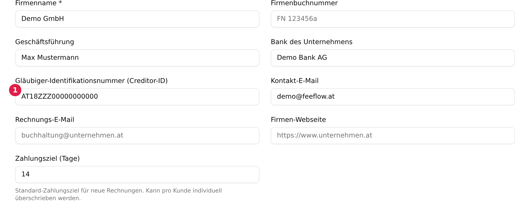Der Abschnitt Unternehmensinformationen unter „Mein Unternehmen“ mit dem mit 1 markierten Eingabefeld „Gläubiger-Identifikationsnummer (Creditor-ID)“
