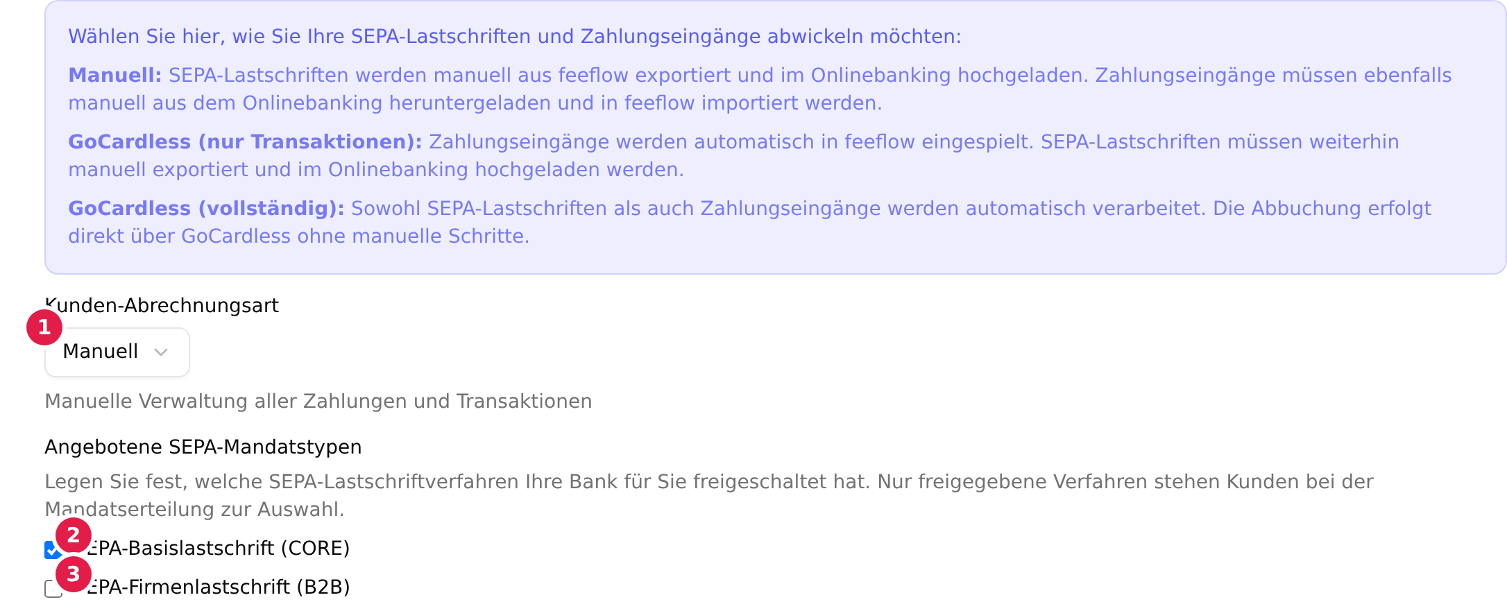 Der Abschnitt „Abrechnungsart“ mit der mit 1 markierten Auswahl „Kunden-Abrechnungsart“ und den mit 2 und 3 markierten Häkchen „SEPA-Basislastschrift (CORE)“ und „SEPA-Firmenlastschrift (B2B)“
