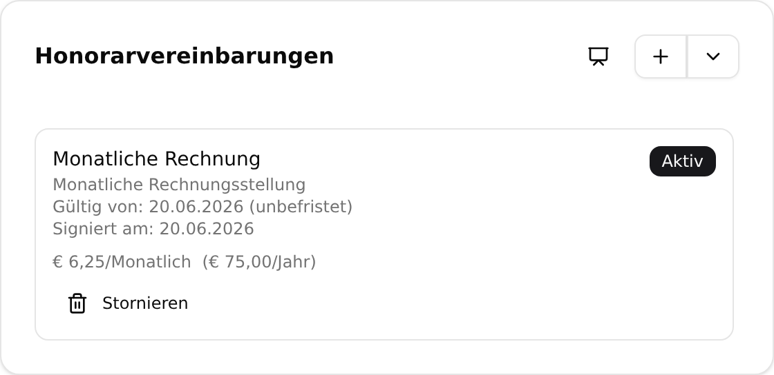 Eine aktive Servicepauschale auf dem Kundenblatt mit Status Aktiv, Unterschriftsdatum sowie Betrag je Monat und Jahresbetrag