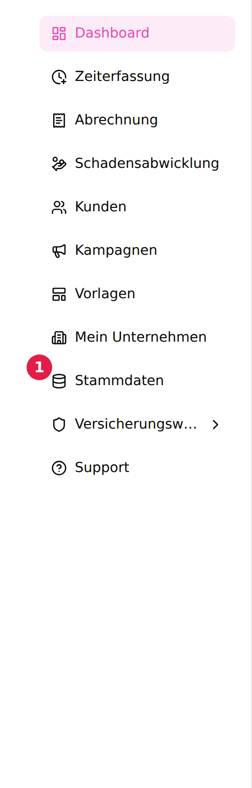 Der Menüpunkt Stammdaten in der Hauptnavigation, mit einer 1 markiert