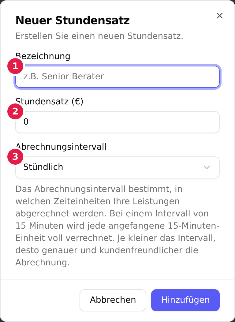 Der Dialog „Neuer Stundensatz“: Bezeichnung mit 1, Stundensatz mit 2 und Abrechnungsintervall mit 3 markiert