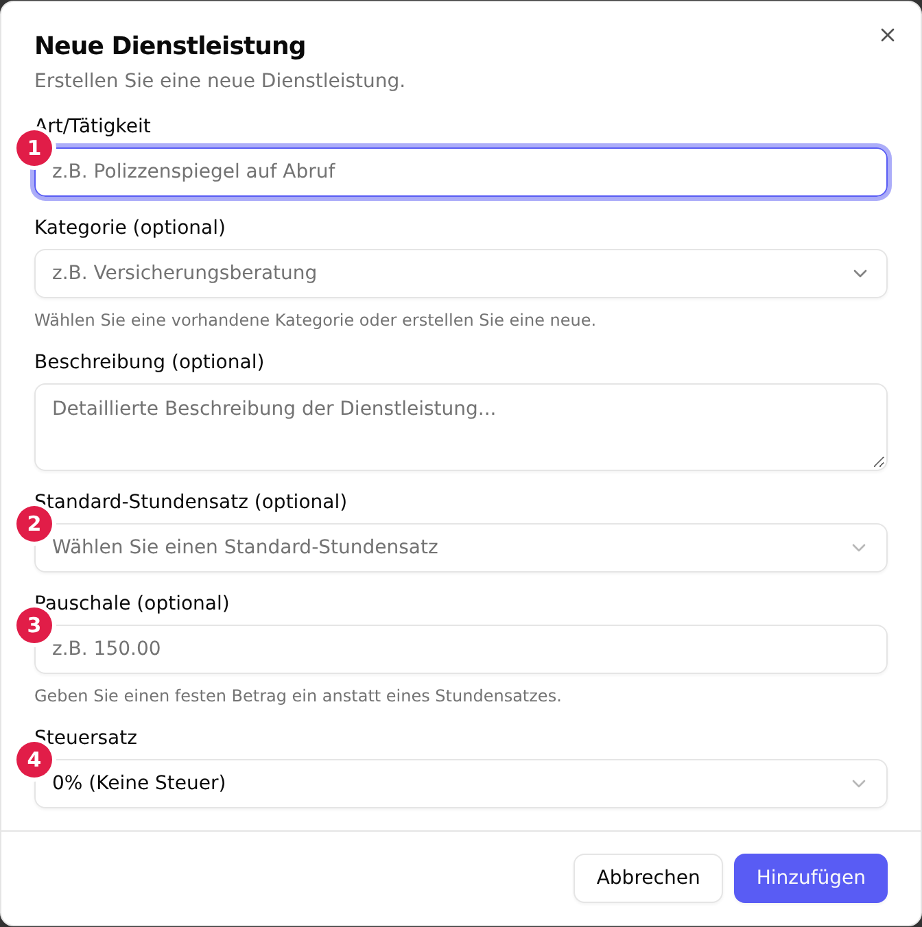 Der Dialog „Neue Dienstleistung“: Art/Tätigkeit mit 1, Standard-Stundensatz mit 2, Pauschale mit 3 und Steuersatz mit 4 markiert