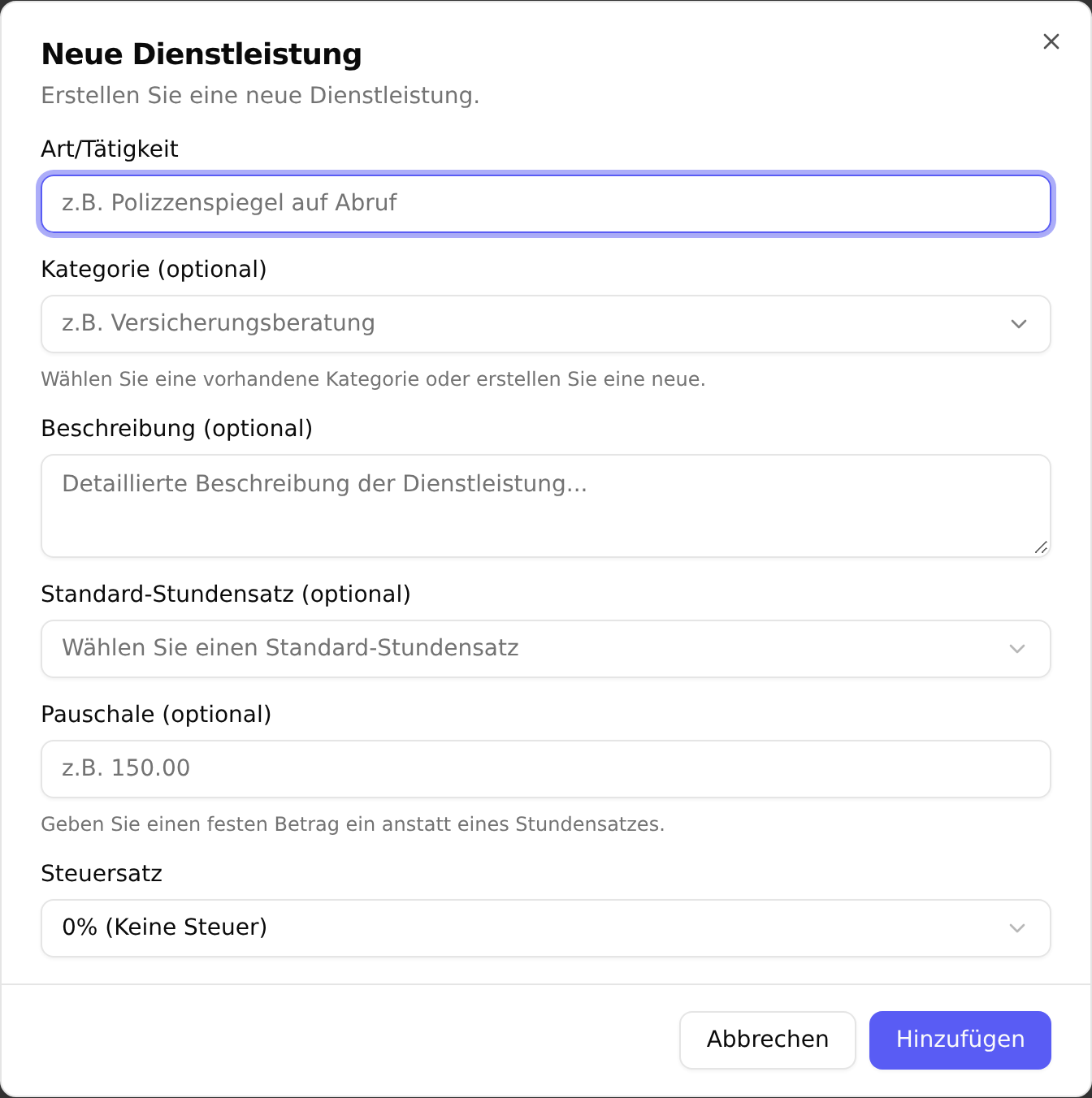 Der Dialog „Neue Dienstleistung“ mit den Feldern Art/Tätigkeit, Kategorie, Beschreibung, Standard-Stundensatz, Pauschale und Steuersatz