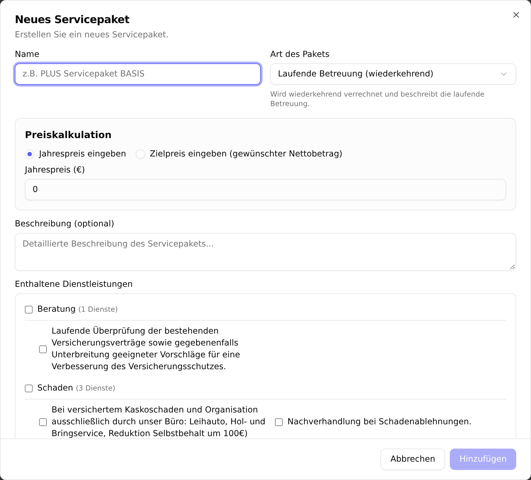 Der Dialog „Neues Servicepaket“ mit dem Feld Name, der Preiskalkulation aus Jahrespreis und Zielpreis sowie der nach Kategorien gruppierten Liste der enthaltenen Dienstleistungen
