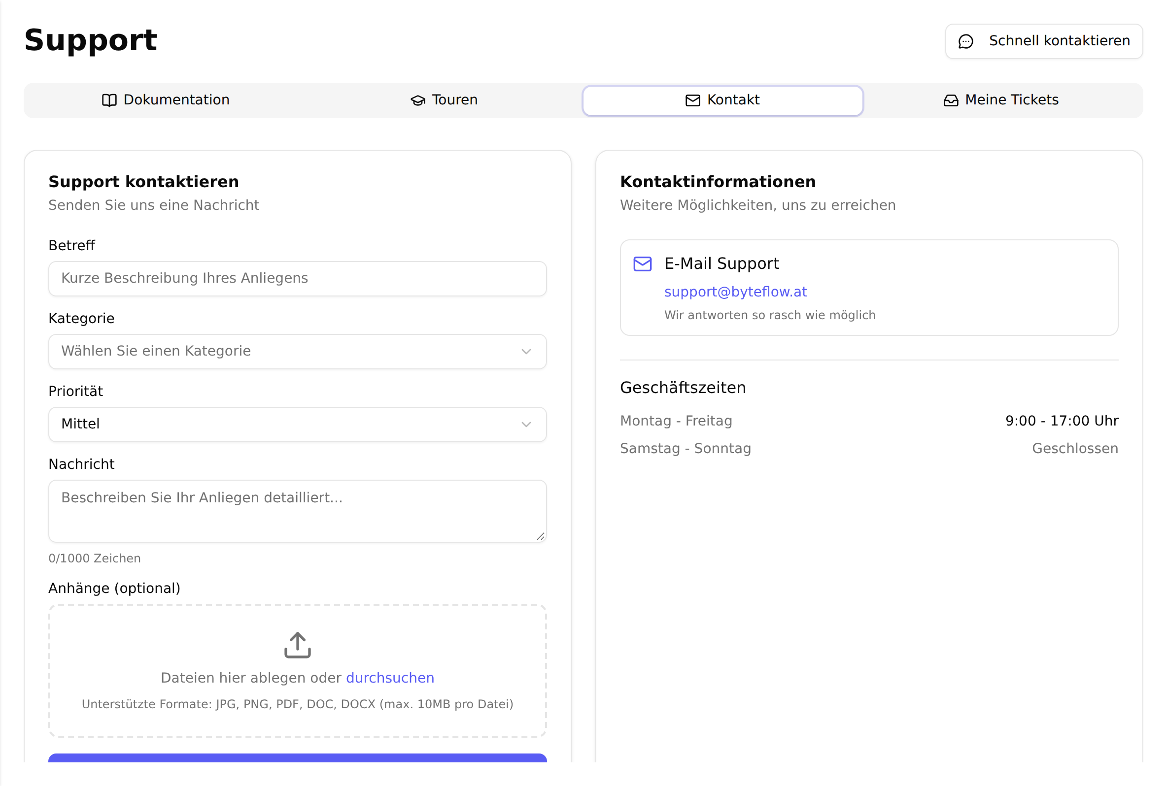 Der Support-Bildschirm im Reiter „Kontakt“ mit dem Formular für Betreff, Kategorie, Priorität, Nachricht und Anhängen sowie den Kontaktinformationen daneben