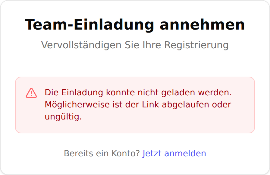 Die Seite „Team-Einladung annehmen“ mit der roten Meldung, dass die Einladung nicht geladen werden konnte und der Link möglicherweise abgelaufen oder ungültig ist
