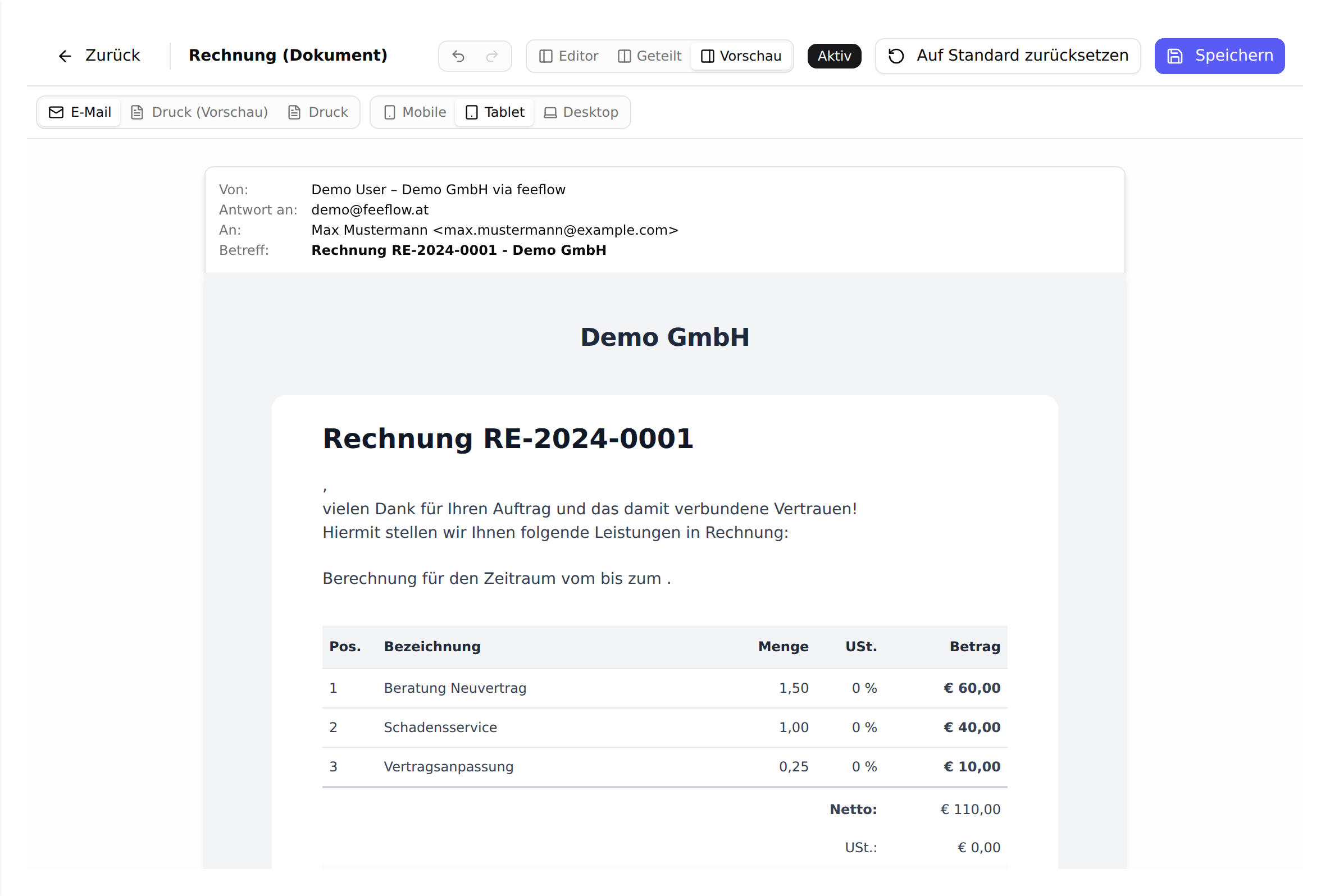 Die E-Mail-Vorschau einer Rechnungsvorlage mit Von-, An- und Betreffzeile und der fertig gerenderten Rechnung mit Musterdaten