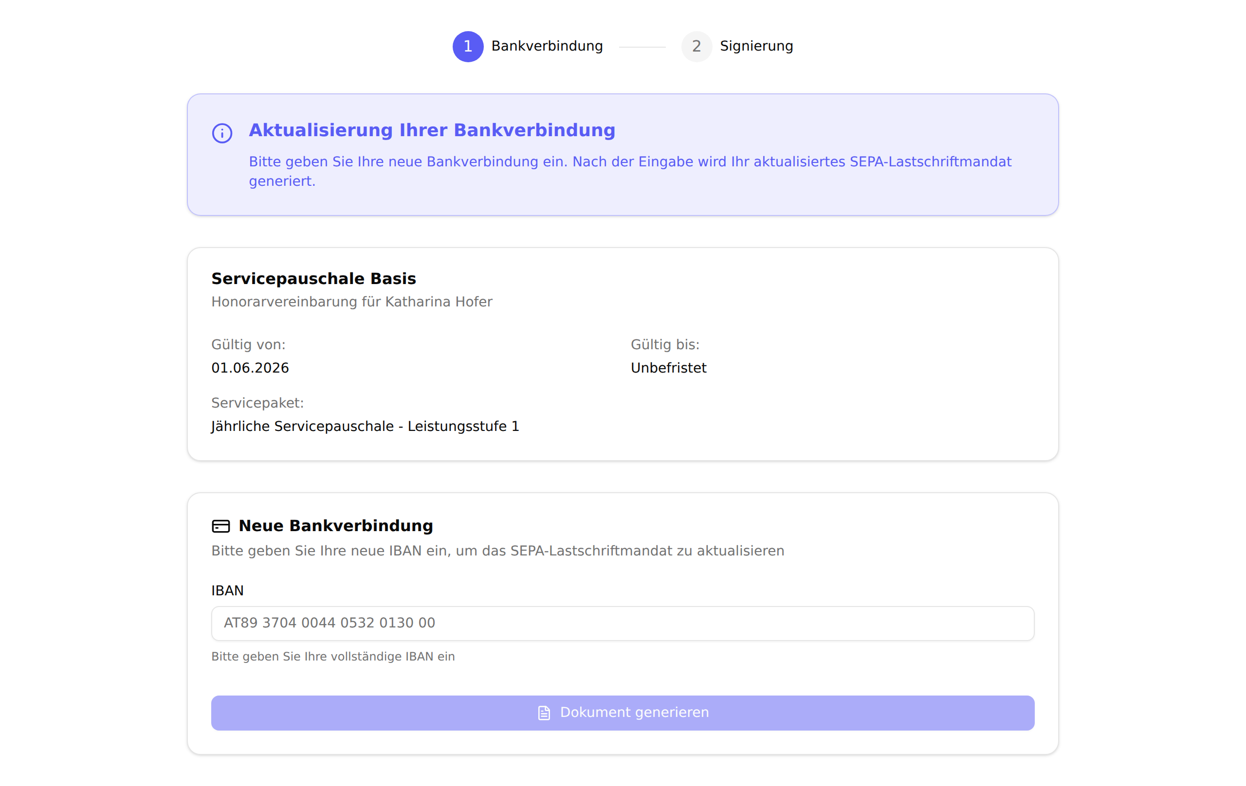 Die Seite „SEPA-Mandat aktualisieren“ mit der Phasenanzeige „1 Bankverbindung“ und „2 Signierung“, dem blauen Hinweis „Aktualisierung Ihrer Bankverbindung“, den Eckdaten der Honorarvereinbarung und der Karte „Neue Bankverbindung“ mit IBAN-Feld und Button „Dokument generieren“