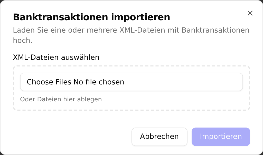 Der Dialog „Banktransaktionen importieren“ mit dem Hinweis auf XML-Dateien und der Schaltfläche „XML-Dateien auswählen“