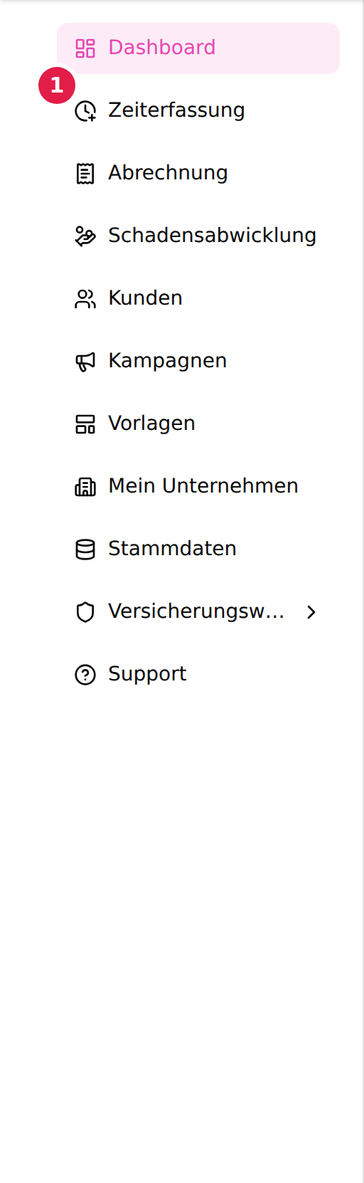 Der Menüpunkt Zeiterfassung in der Hauptnavigation, mit einer 1 markiert