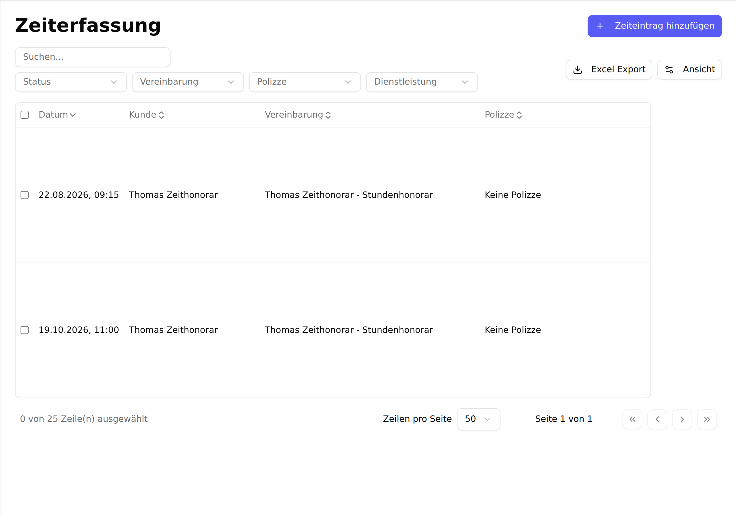 Die Zeiterfassung mit der Liste bereits erfasster Zeiteinträge, Filtern und dem Button „Zeiteintrag hinzufügen“