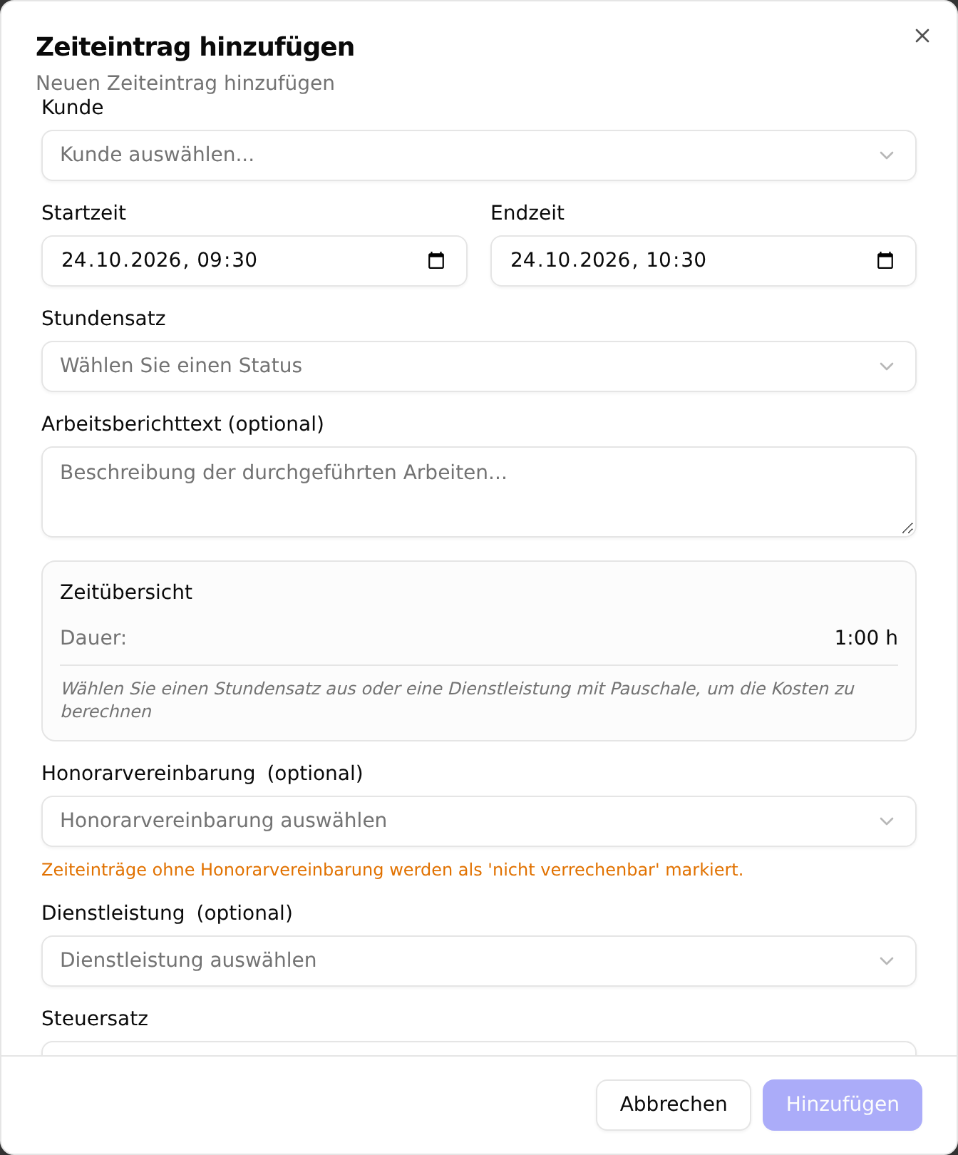 Der Dialog zum Anlegen eines Zeiteintrags mit Start- und Endzeit, Stundensatz, Arbeitsberichttext und Steuersatz
